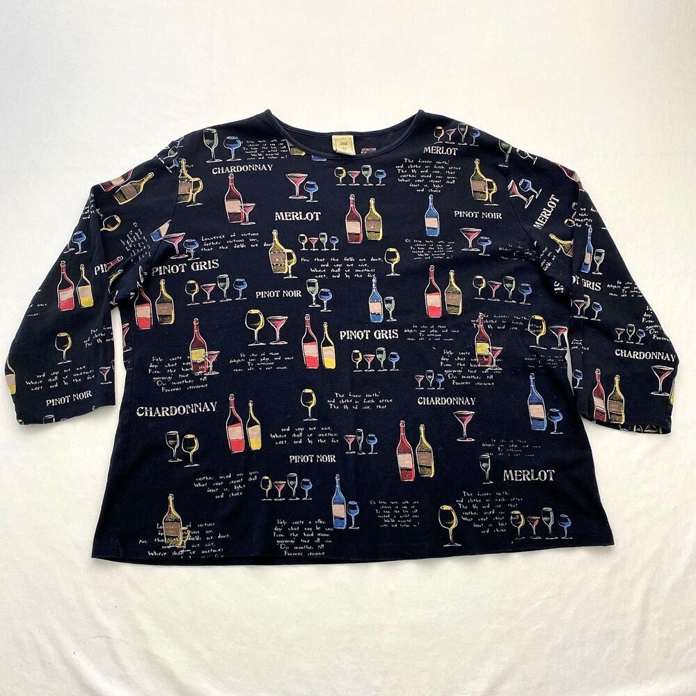 Jess & Jane Shirt Top Wine Cotton 3/4 Sleeve Graphic Print Womens 3X Whimsy